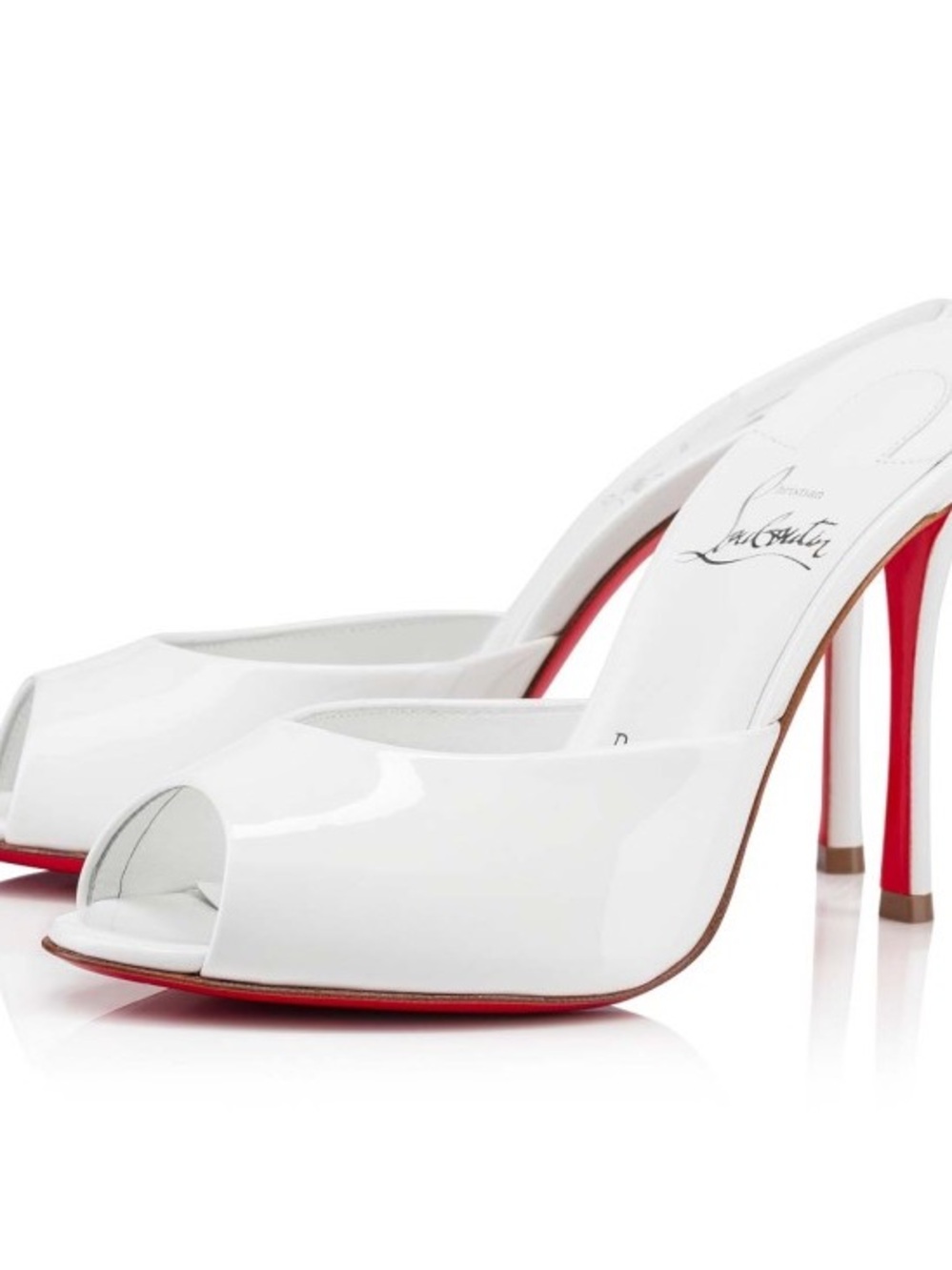 Christian Louboutin White Patent Peep-Toe Mules with Red Sole